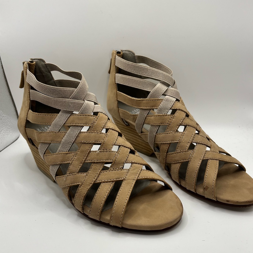 Eileen Fisher Tan Neutral Strappy Bootie Heels Open Toe Zip Back Size 7.5 ~ EUC